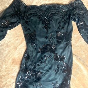 Black sequined off the shoulder dress; size Medium